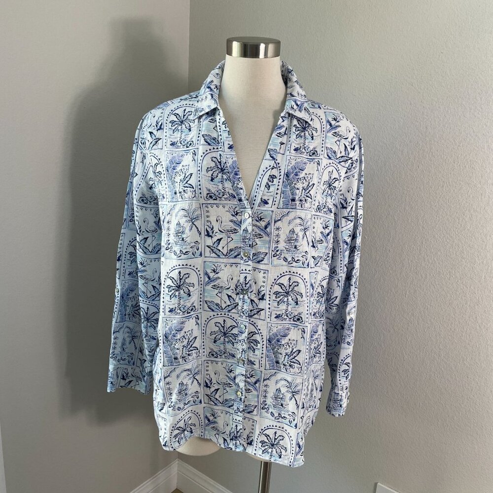 C&C California Womens Large Blue White 100% Linen Button Up Long-Sleeve Shirt